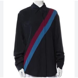 Stella McCartney Silk Black Blue & Red Diagonal Stripe Front Button Blouse Top